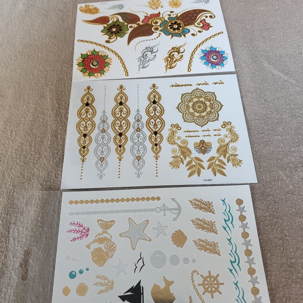3 sheets Golden Silver Temporary Tattoo - Picture 2 of 16